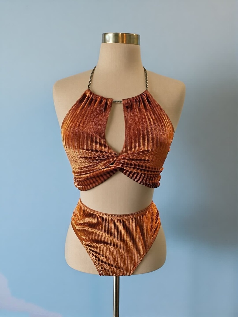 Velvet Halter Twist Crop Top & High Waist Brief Set - Copper